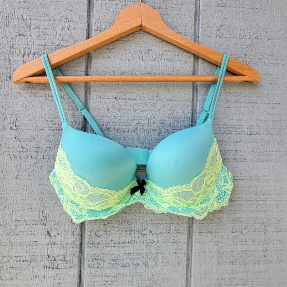 Victoria's Secret Turquoise Neon Green Lace Accent Very Sexy Push Up Bra sz 34C